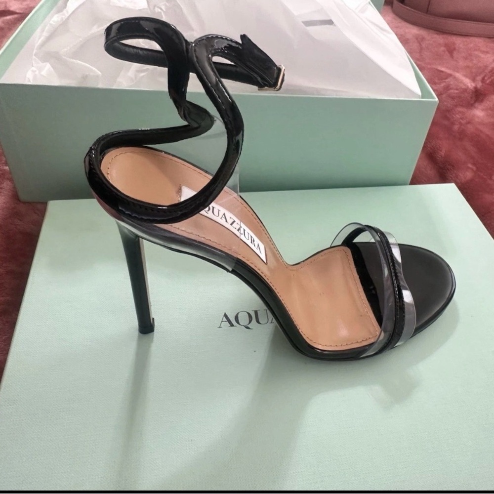 Aquazzura Glossy Black Ankle Strap Heels